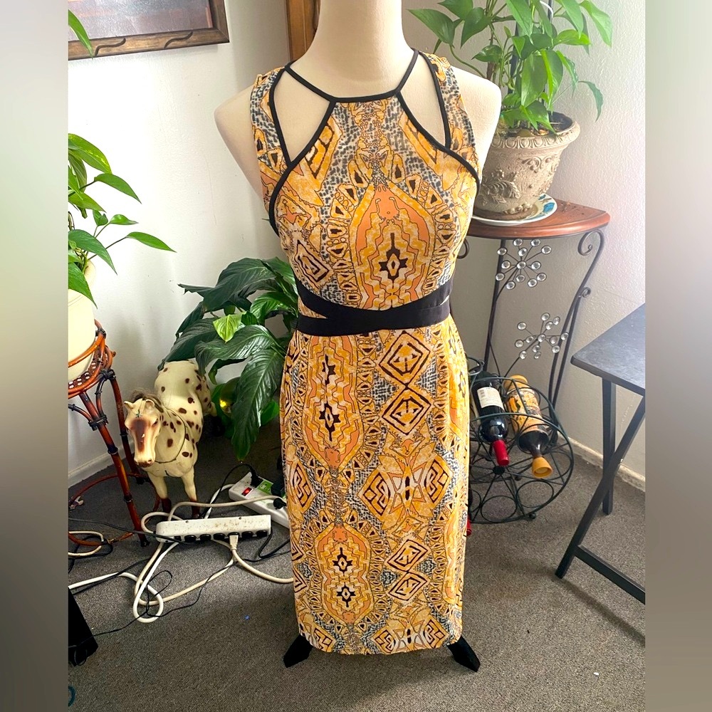 Forever 21 Mustard and Black Patterned Midi Dress